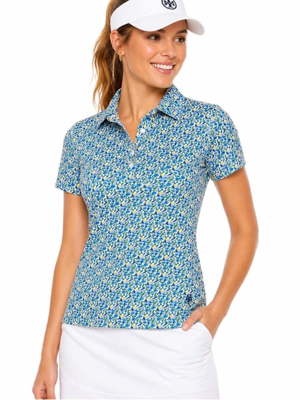 Tory Burch Sport Bird Floral Print Polo Shirt Short Sleeve Athletic Top Small